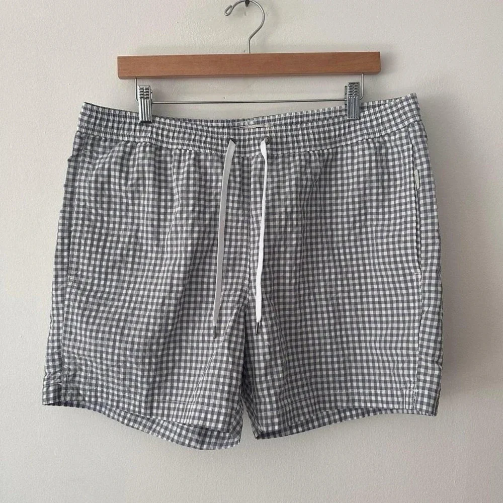 Onia Men's Gingham Swim Trunks drawstring grey/white‎ check size xl